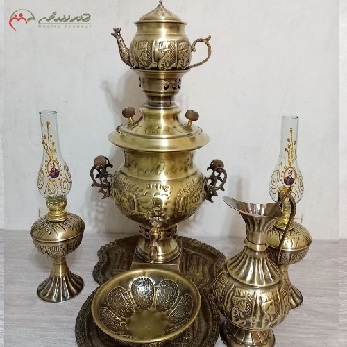 خرید آنلاین، ست 7 پارچه سماور ذغالی 4 لیتری تبریز، با قلم زنی اعلاء همراه با چراغ گرد سوز و پارچ، دارای ضمانت نامه، با قیمت مناسب | هنرظریف