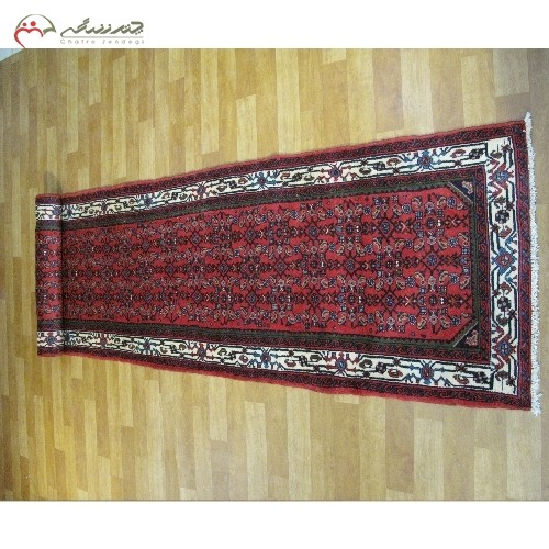 خرید آنلاین، کناره دستباف همدان کد 39174 طرح سراسر و رنگ زمینه لاکی و حاشیه های کرم، زیر قیمت بازار | هنرظریف