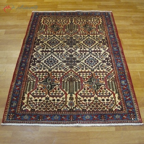 خرید آنلاین، فرش دستبافت میمه کد 39816  نقشه ی سراسری با رنگ زمینه ی لاکی و حاشیه ی آبی، چشم نواز با تقارن رنگ، زیر قیمت بازار | هنرظریف