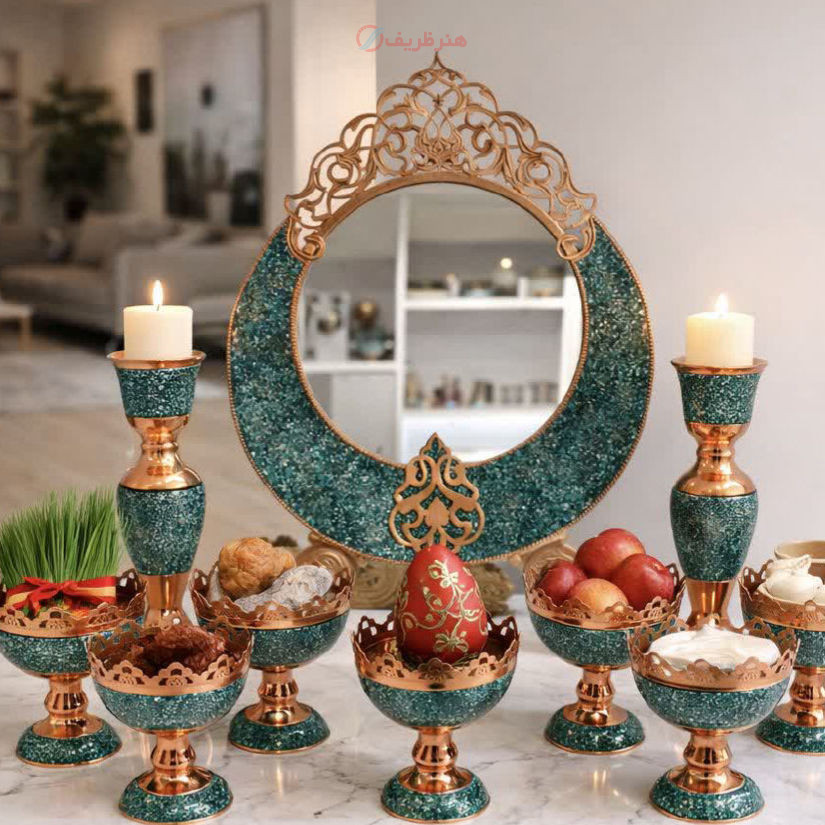 خرید و قیمت ست هفت سین مسی فیروزه کوب شده در سایز های متفاوت - هنرظریف