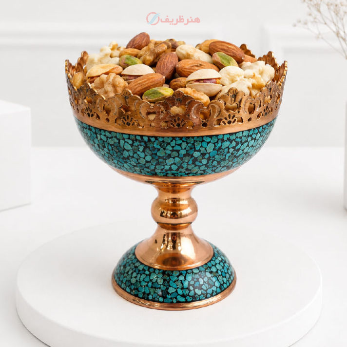 خرید، قیمت و مشخصات آجیل خوری مسی فیروزه کوبی و قلم زنی شده 20 سانتی - هنرظریف