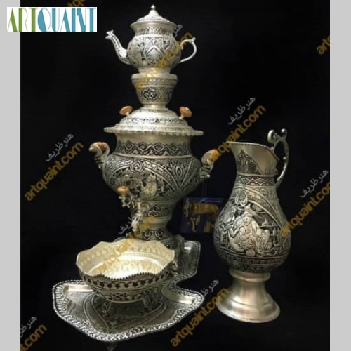 سرویس 5 تکه سماور برنجی روکش نقره سیاه قلم - هنرظریف