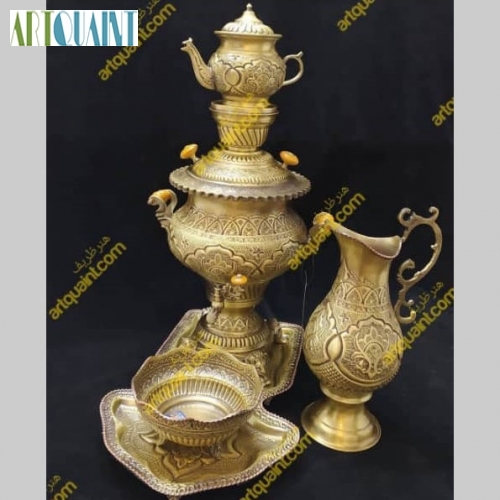 سروسی 5 تکه سماور برنجی قلمزنی 4 لیتری با قلمزنی عالی - هنرظریف