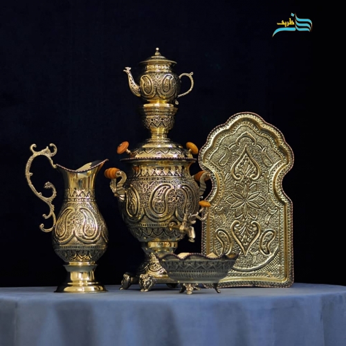 سرویس سماور 4 لیتری برنجی قلمزنی، سیاه قلم، دکوری، قلم دست اعلاء - هنرظریف