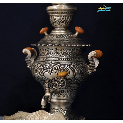 سرویس سماور برنجی روکش نقره، قلمزنی اعلاء امضا دار با پوشش کوره ای