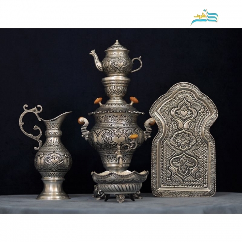 سرویس سماور برنجی روکش نقره، قلمزنی اعلاء امضا دار با پوشش کوره ای