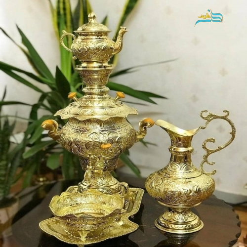 سرویس سماور زغالی برنجی 3.5 لیتری دست ساز با آبکاری شبه طلا
