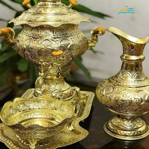 سرویس سماور زغالی برنجی 3.5 لیتری دست ساز با آبکاری شبه طلا