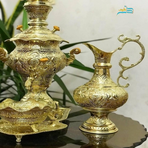 سرویس سماور زغالی برنجی 3.5 لیتری دست ساز با آبکاری شبه طلا