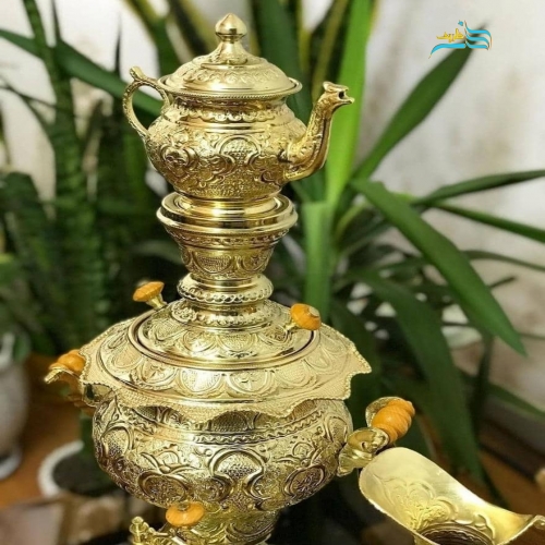 سرویس سماور زغالی برنجی 3.5 لیتری دست ساز با آبکاری شبه طلا