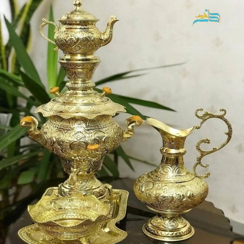 سرویس سماور زغالی برنجی 3.5 لیتری دست ساز با آبکاری شبه طلا