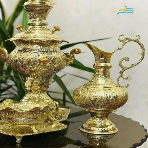 سرویس سماور زغالی برنجی 3.5 لیتری دست ساز با آبکاری شبه طلا