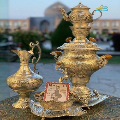سرویس سماور برنجی سیاه قلم، ریز قلم با آبکاری کوره ای نقره رنگ ثابت - هنرظریف