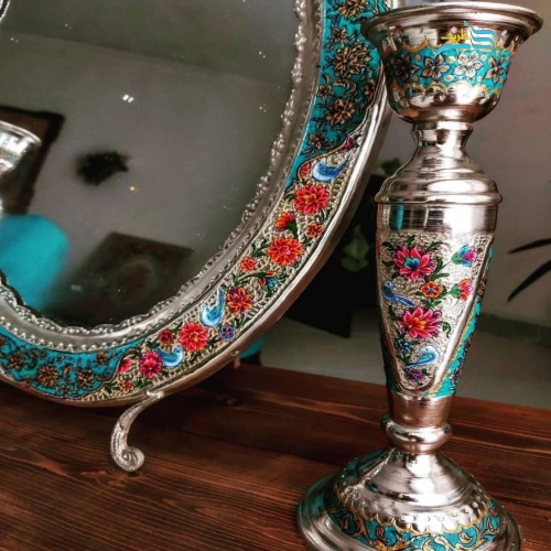 آینه شمعدان قلمزنی برنجی روکش نقره با نقاشی دست