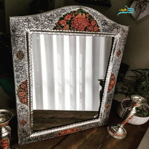 آینه شمعدان دست ساز نقاشی دست برنجی روکش نقره رنگ ثابت - هنرظریف