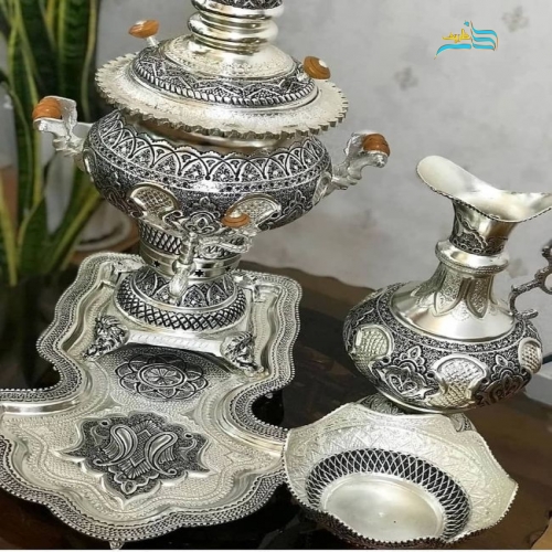 سرویس سماور زغالی برنجی ٥ لیتری آبکاری نقره با پوشش کوره ای