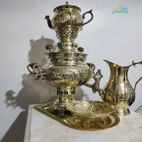 سرویس سماور 4 لیتری زغالی برنجی، ریز قلم و سنگین وزن