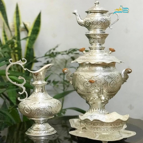 سرویس سماور برنجی ٤ لیتری آبکاری نقره قلمزنی - هنرظریف