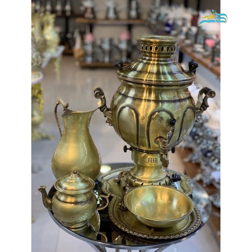 سماور گازی برنجی 6 لیتری، دارای ورق ضخیم و روکش نانو و رنگ آنتیک - هنرظریف