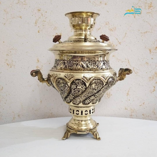 سرویس سماور برنجی زغالی ٦ لیتری طرح گل و مرغ، لبه ریخته