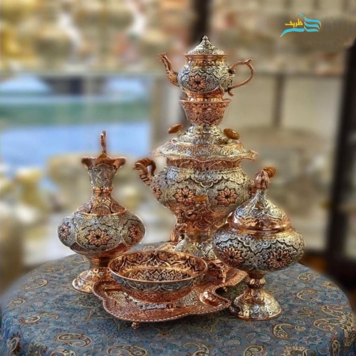 سرویس سماور برنجی آبکاری مس و نقره سیاه قلم - هنرظریف