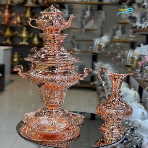 سماور زغالی برنجی با روکش مس و سیاه قلم، ورق ضخیم با قلمزنی طرح هخامنشی - هنرظریف