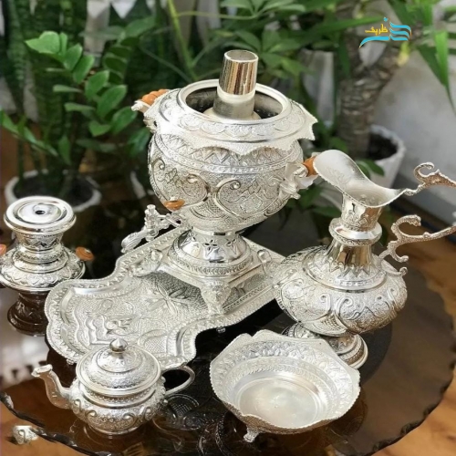 سرویس سماور برنجی ٤ لیتری، آبکاری نقره قلمزنی اعلاء اثر استاد رحمتی