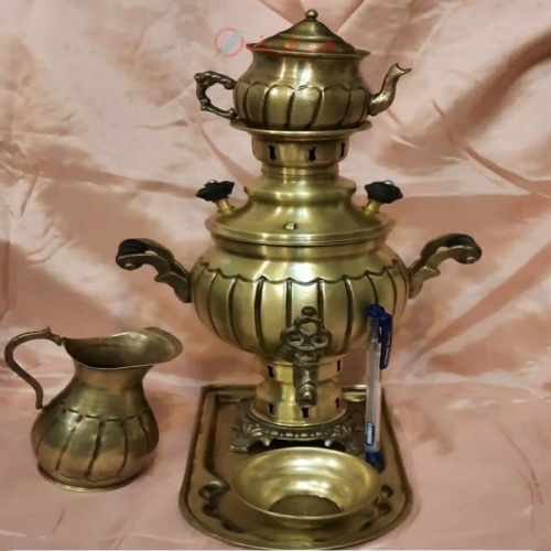سرویس سماور برنجی زغالی 1 لیتری خط دار 5 تکه