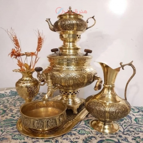 سماور برنجی زغالی 6 لیتری قلمزنی ترکیبی گل و مرغ و اسلیمی - هنرظریف