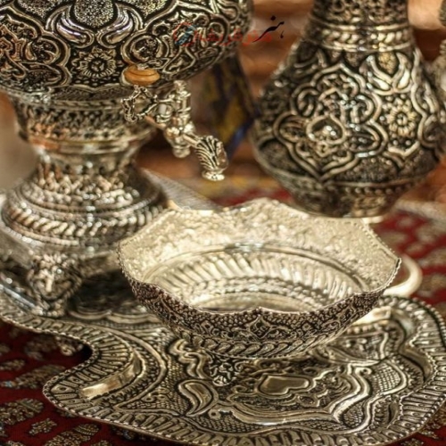 سرویس سماور قلمزنی برنجی 6 لیتری آبکاری نقره و سیاه قلم