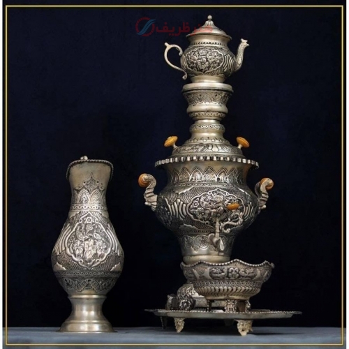 سرویس سماور برنجی 5 لیتری روکش نقره طرح اسلیمی اثر استاد هرندی