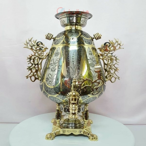 سماور زغالی ۸ لیتری مدل جام سبک رنگ کاری نقره ای و طلایی تلفیقی