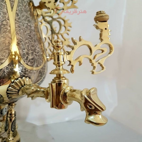 سماور زغالی ۸ لیتری مدل جام، 2 شیر، قلم دست، سبک ریز قلم مینیاتوری