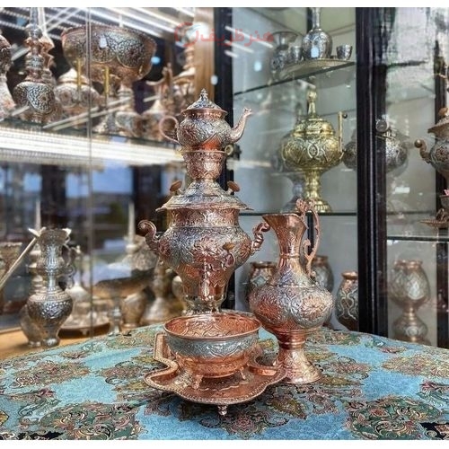 سرویس سماور برنجی قلمزنی اعلاء 5 لیتری دکوری با روکش کوره ای مس و نقره