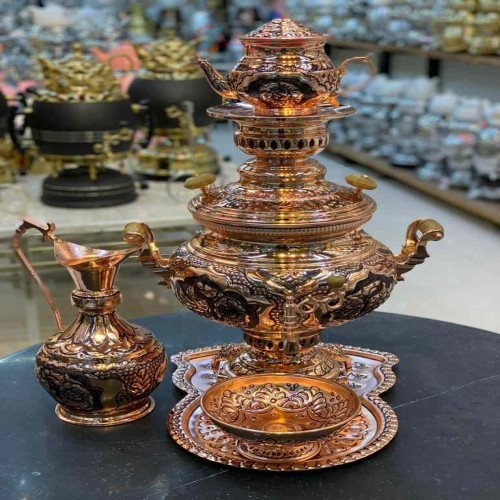 ست کامل 5 تکه سماور زغالی 8 لیتری برنجی، سیاه قلم