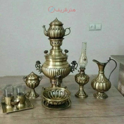 سماور ذغالی 3 لیتری با سرویس 11 تکه برنجی، با ورق ضخیم و با کیفیت بالا - هنرظریف