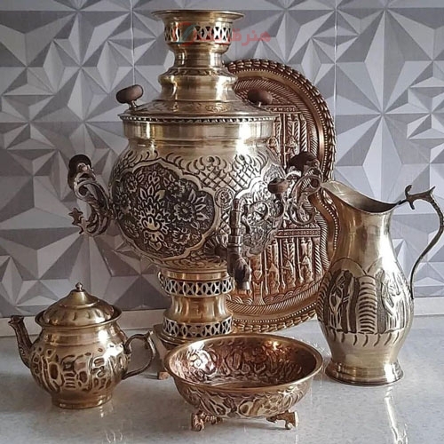 سماور زغالی برنجی 6 لیتری طرح گل، قلم دست، طرح خاص