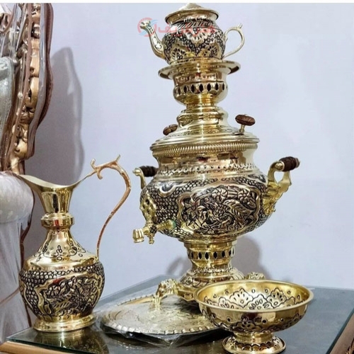 سماور برنجی 6 لیتری با سرویس 5 تکه بسیار با کیفیت، سنگین وزن
