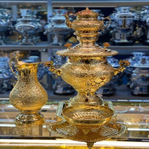 سماور برقی قلمزنی 6 لیتری مدل هندوانه ای، آبکاری طلا 24 عیار