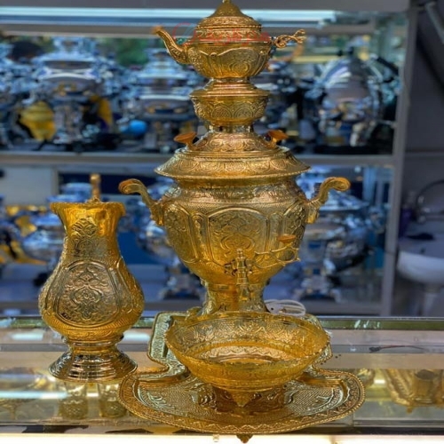 سماور 6 لیتری برقی آب طلای 24 عیار، قلمزده قلم اعلاء، بسیار زیبا - هنرظریف