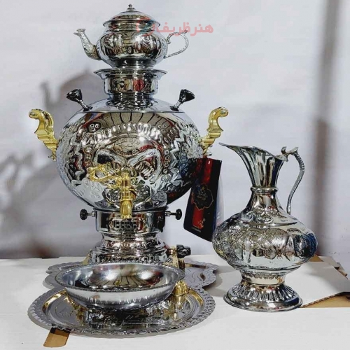 سرویس سماور گازی برنجی 6 لیتری توپی، روکش کروم، ورق ضخیم