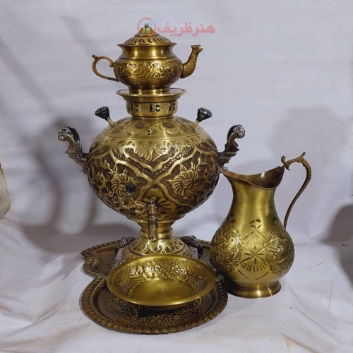 سماور ذغالی برنجی 6 لیتری، جهان نما، قلم زنی گل و مرغ - هنرظریف
