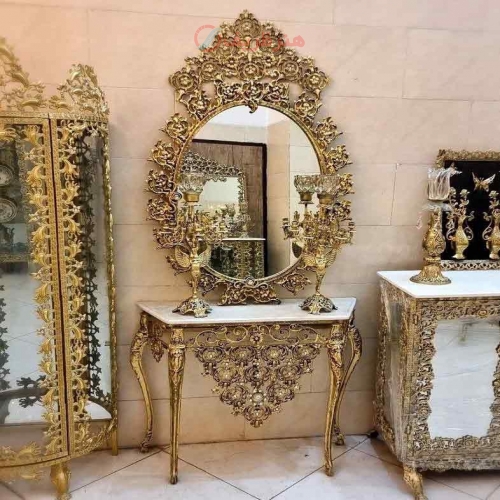 آینه کنسول آلومینیومی با روکش برنز، با ورق ضخیم، طرح گل یاس