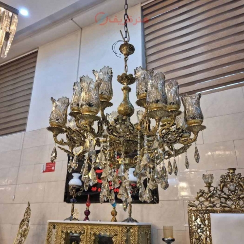 لوستر 8 شاخه برنزی، لاله بلند، مدل دو گل، برنز درجه 1، کریستال درجه 1، باضمانت کیفیت کالا