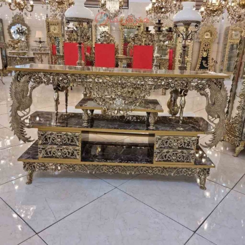 میز تلویزیون برنجی، مدل گل سرخ، برنج اصل، رویه های گلاس، بسیار زیبا و شیک، با ضمانت کیفیت - هنرظریف