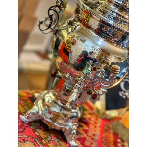 سرویس سماور گازی با کیفیت عالی، ورق ضخیم، برنجی، طرح پخدار، آبکاری، بسیار زیبا-هنرظریف