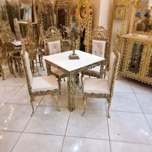 میز ناهارخوری 4 نفره جنس تمام برنز و رویه مرمر درجه یک و پارچه دارای رنگ بندی - هنرظریف