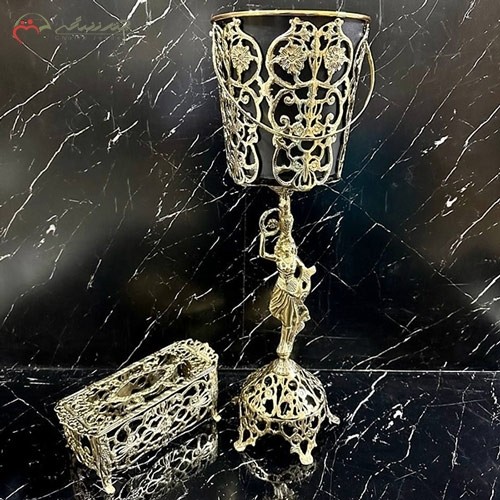 سطل و جا دستمالی بزرگ برنزی، طرح زیبا بانو و گل - هنرظریف