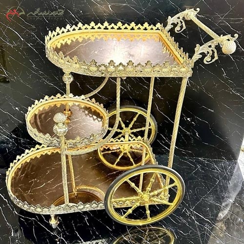 میز بار برنزی با طرح دسته توت فرنگی، سه طبقه آینه ای، رنگ طلایی بسیار با کیفیت اعلاء