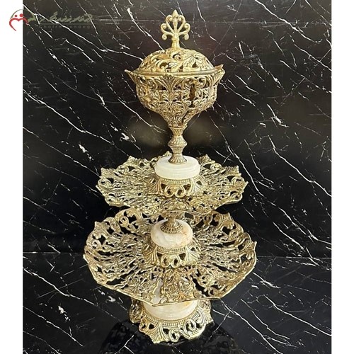 ست پذیرایی میوه خوری و شکلات خوری از جنس برنز سه طبقه با پایه های سنگی سفید، شکیل و زیبا